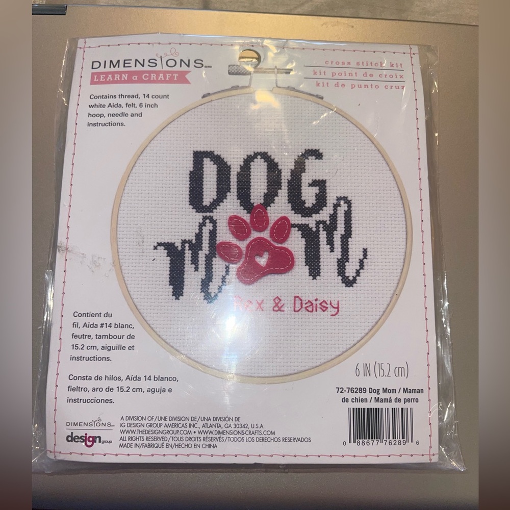Dimensions Cross Stitch Kit Dog Mom Learn a Craft #72-76289 New Pink Dog Paw